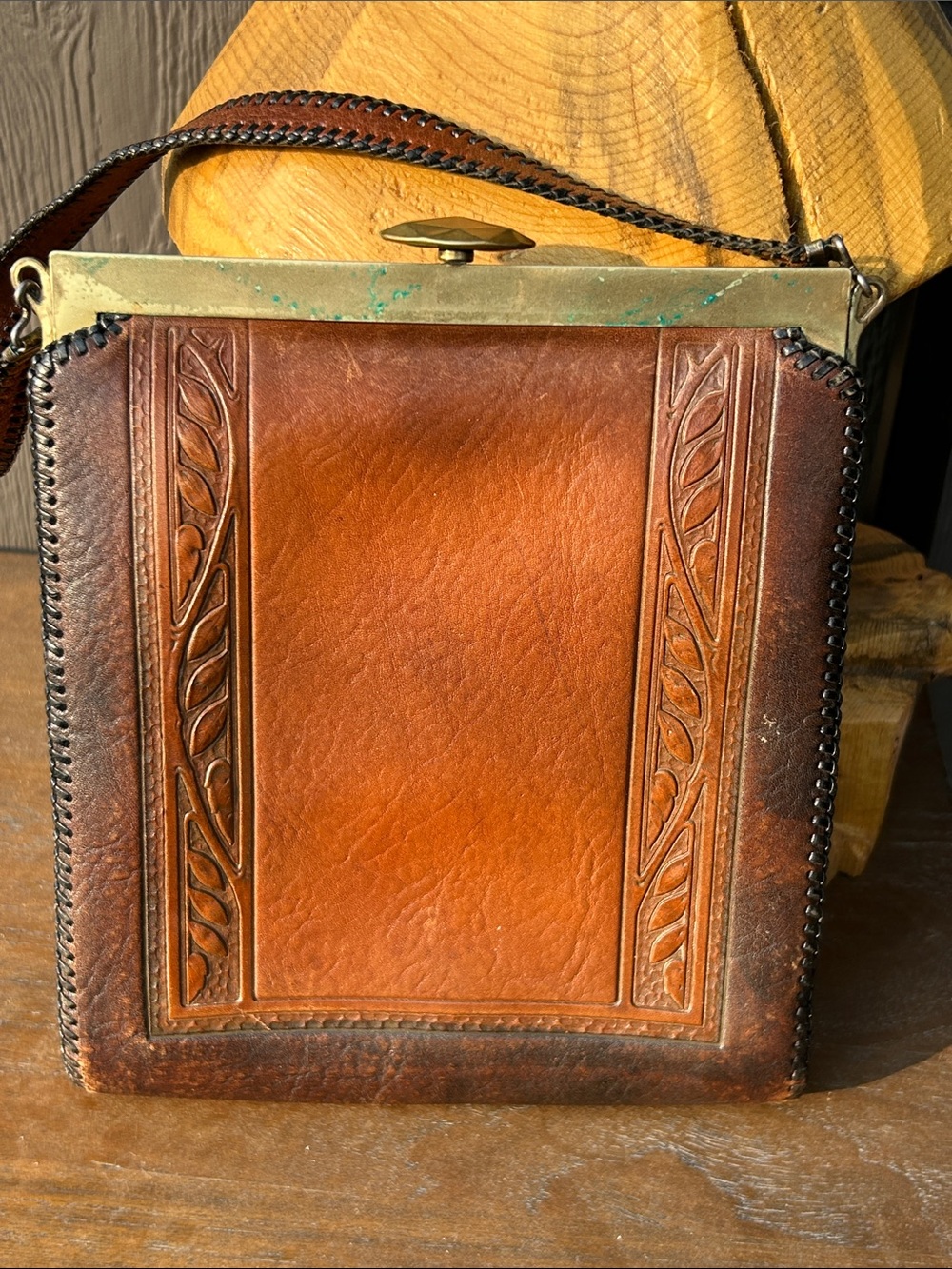 Antique 1920s nouveau art deco hand tooled leather brass clutch purse - Picture 7 of 17
